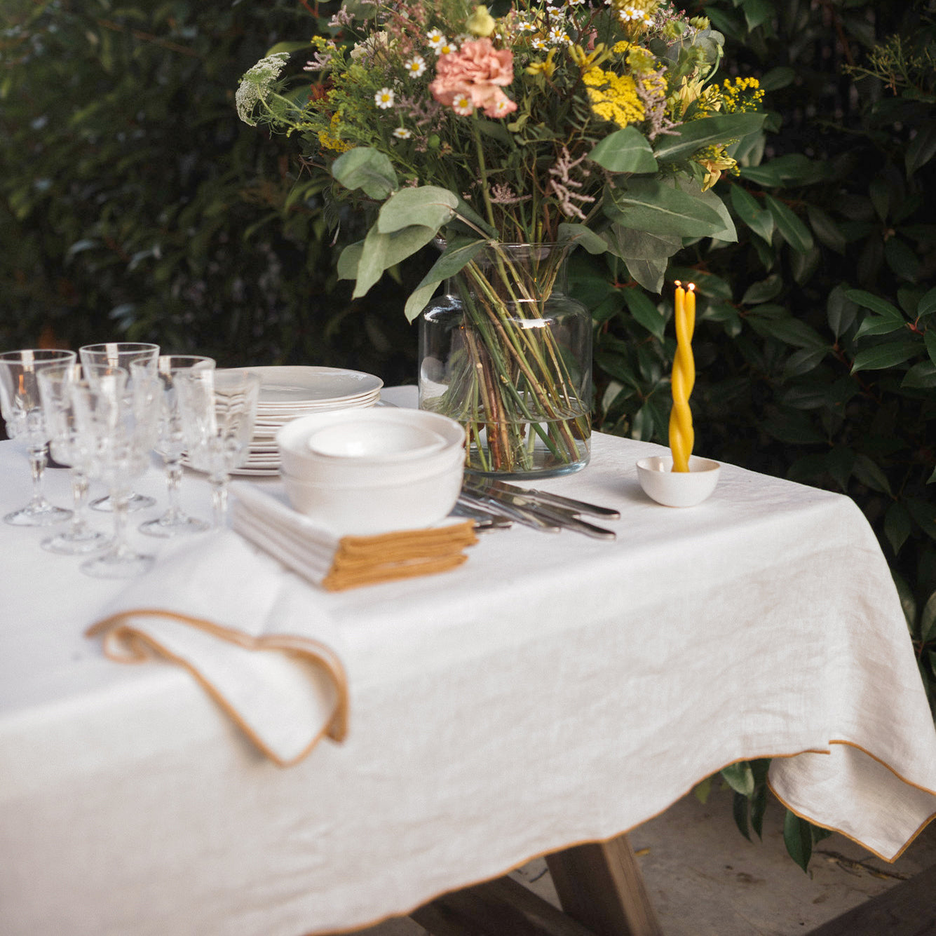 Optical white linen tablecloth