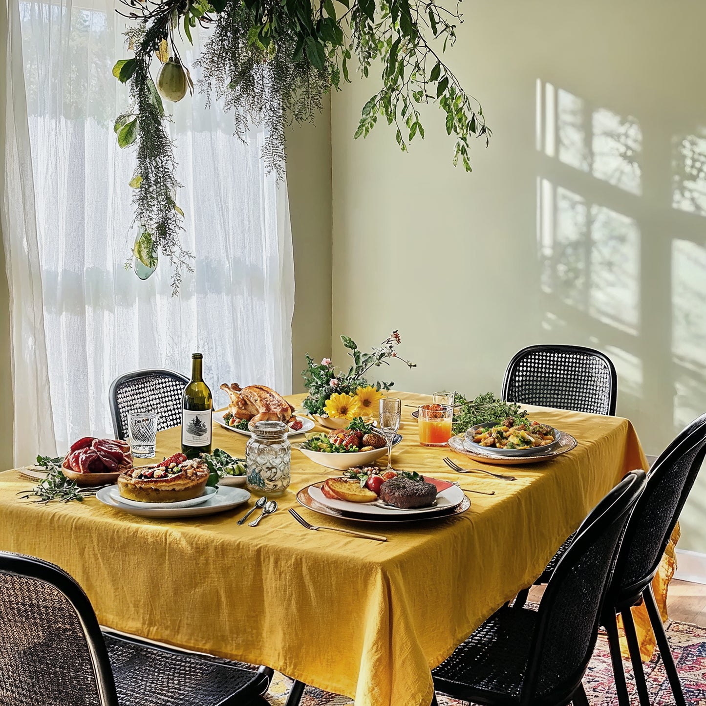 Mesa con mantel mostaza y sillas negras.