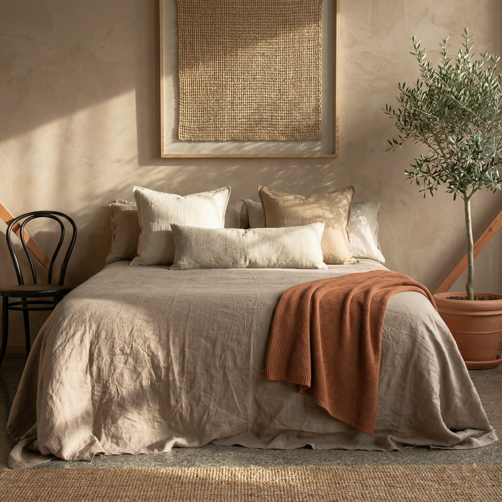 Habitación luminosa con colcha de lino color maquillaje