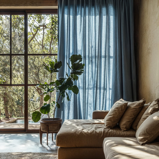 Cortina de lino azul frente a sofá de lino natural.