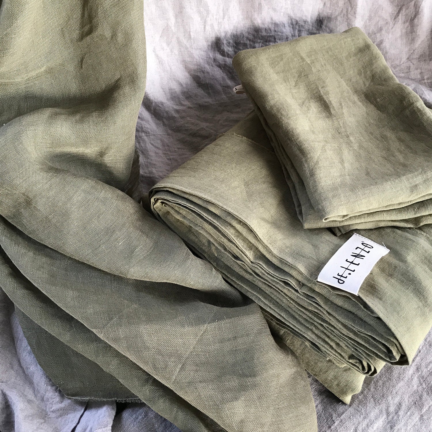 Funda nórdica lino VERDE olivo y almohadas.