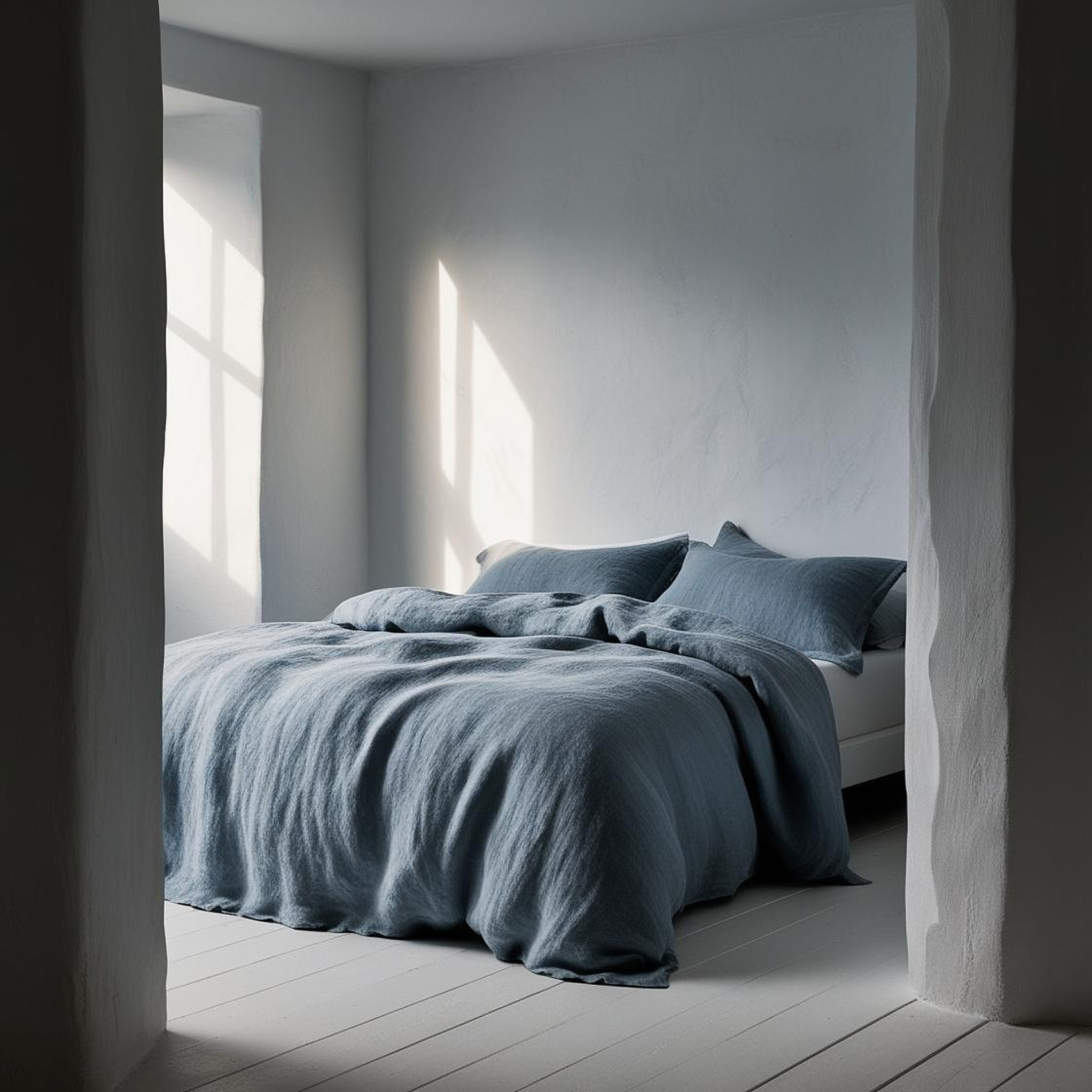 Cama con funda nórdica azul y bajera blanca.