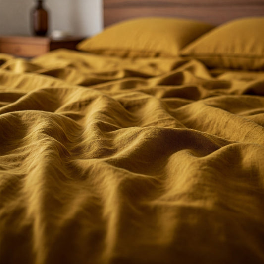 Cama vestida de lino mostaza con almohadones negros. Cama en espacio amplio de madera y grandes ventanales.