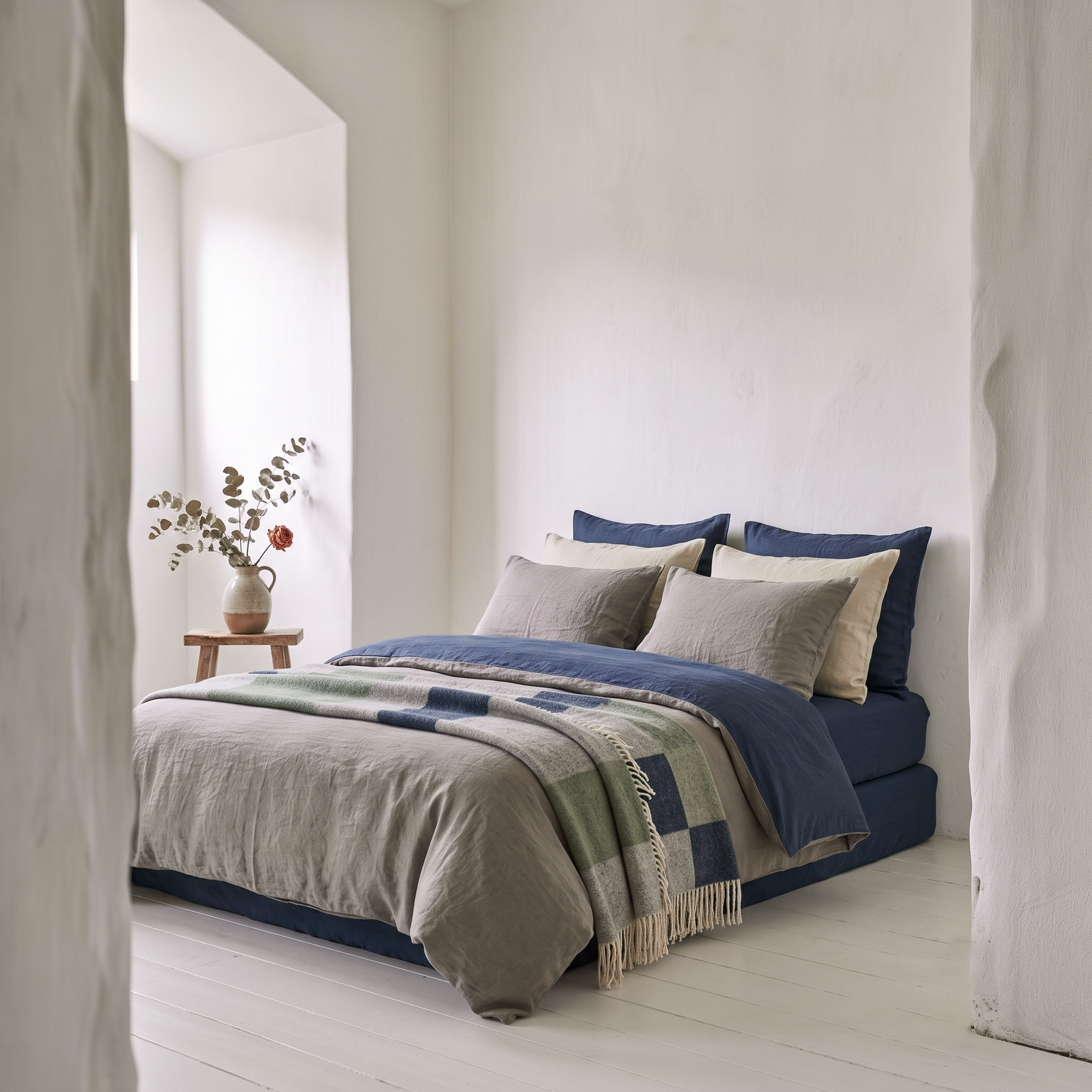 Parure complète en lin réversible BLEU & GRIS - 170 g/m²