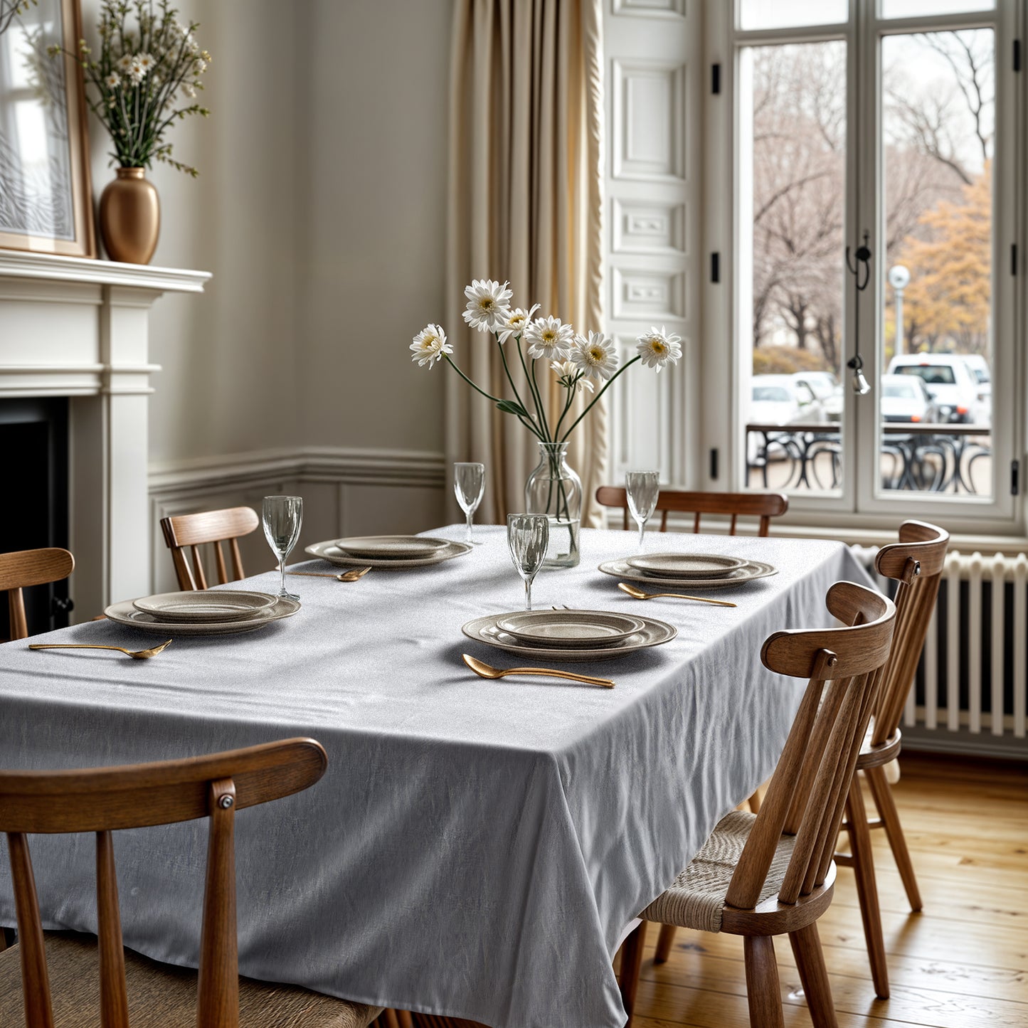 Mantel en mesa de comedor junto a ventana