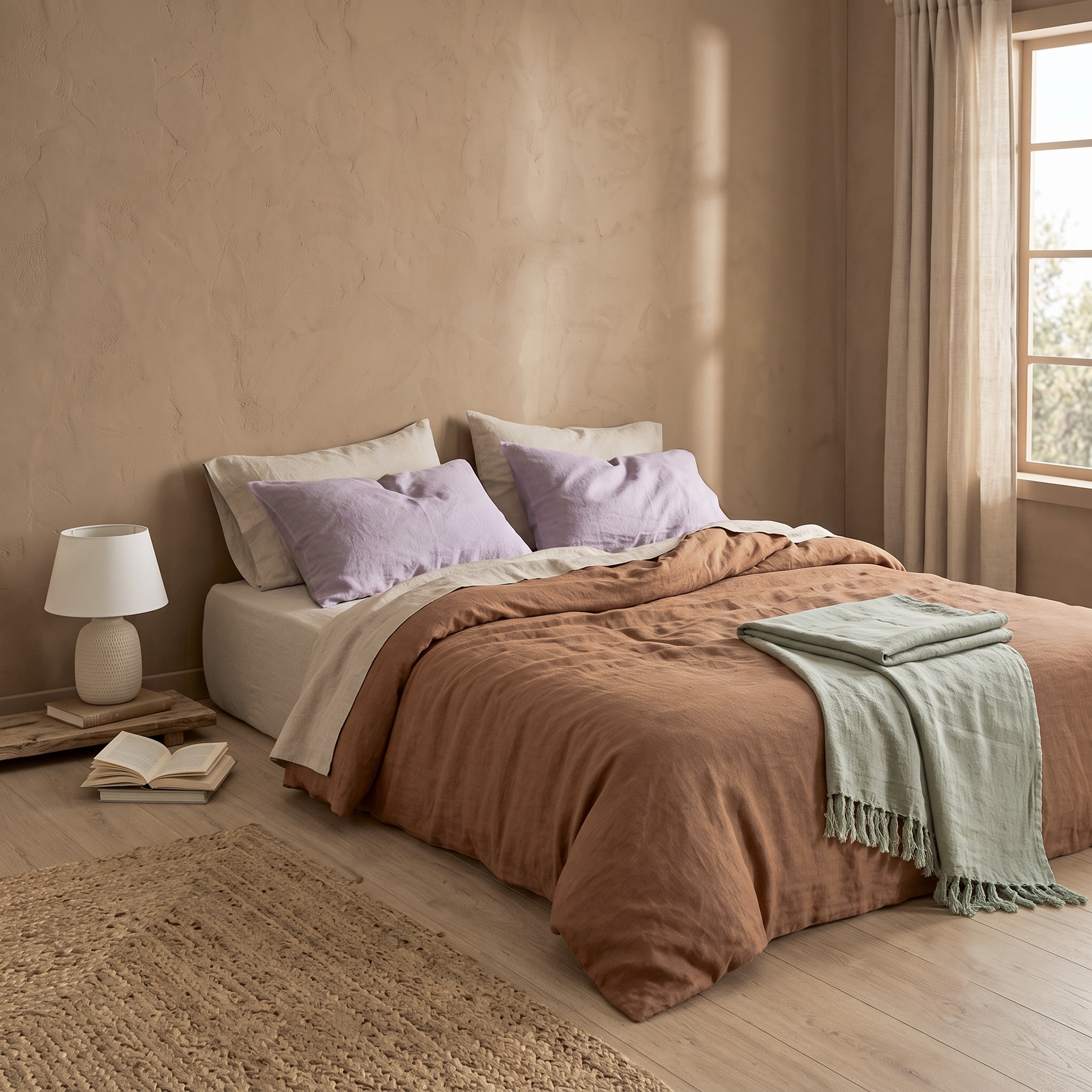 detalle de combinacion bicolor beige y canela en sabana bajera y funda de almohada de lino