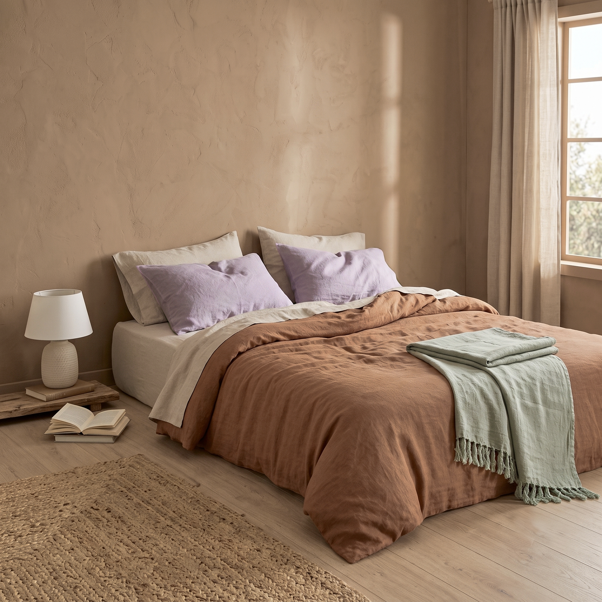 detalle de combinacion bicolor beige y canela en sabana bajera y funda de almohada de lino