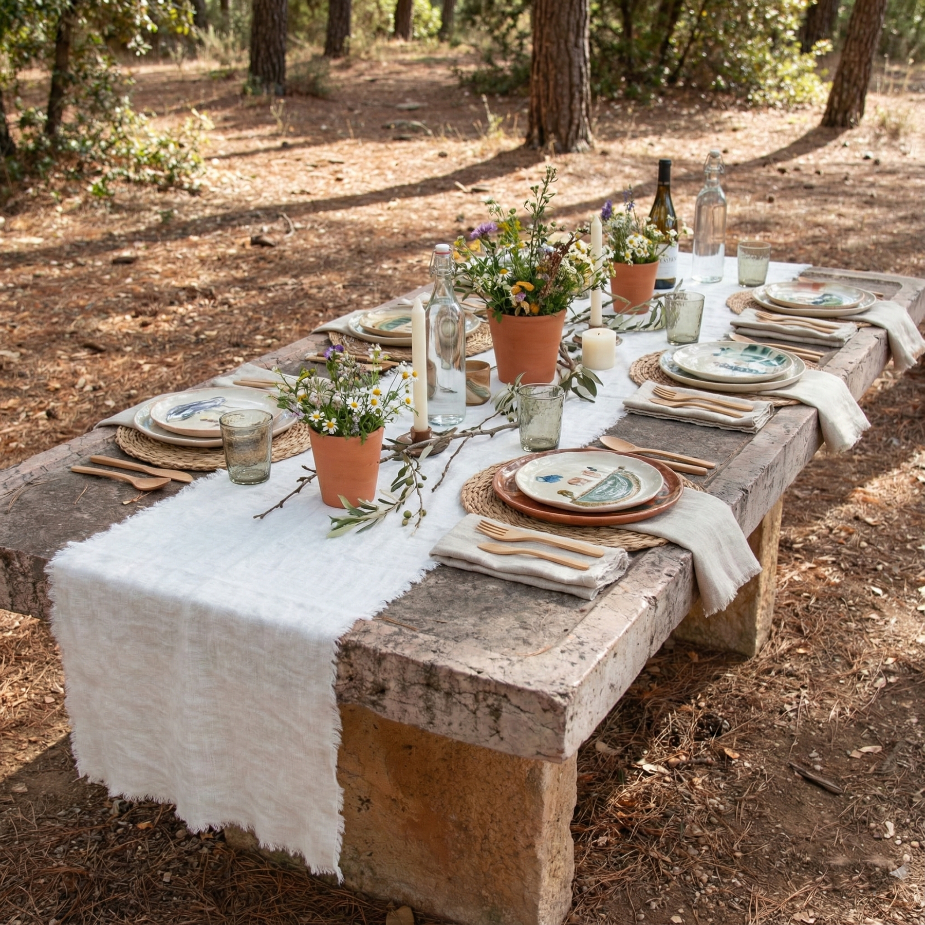 Mesa de piedra en el campo con camino de mesa blanco de lino, flores y macetas.