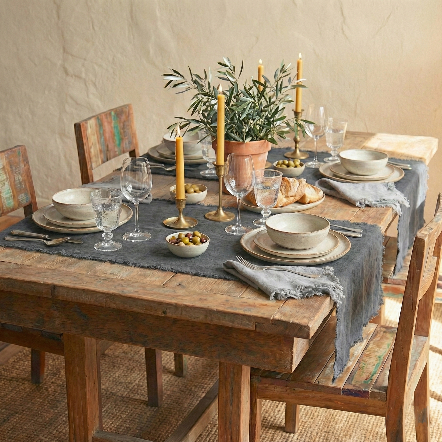 Caminos de mesa de lino MARRAKECH desflecados