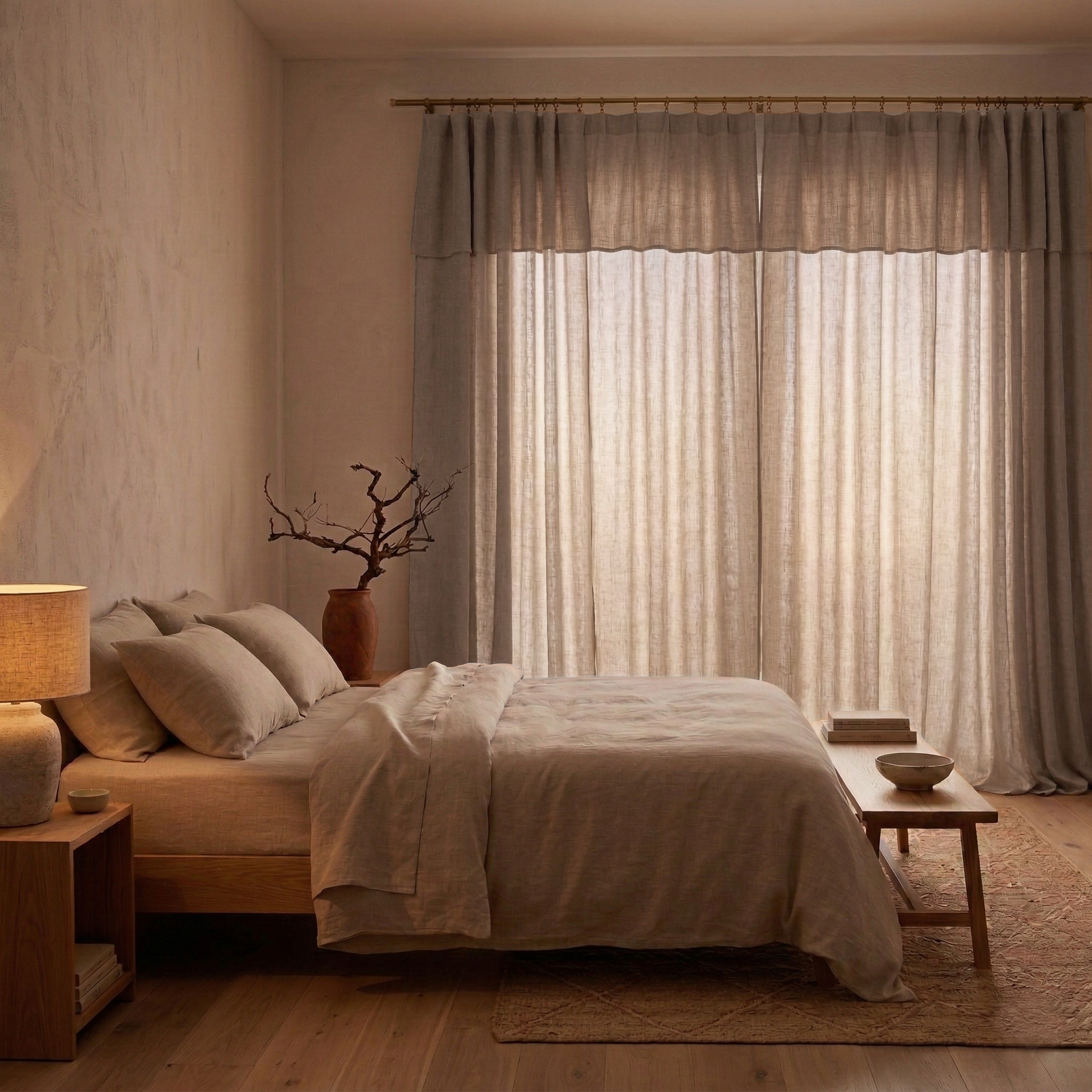 Cortinas de lino Olivia Natural en un dormitorio luminoso dELENZO. Solución decorativa para privacidad sin perder ligereza visual.