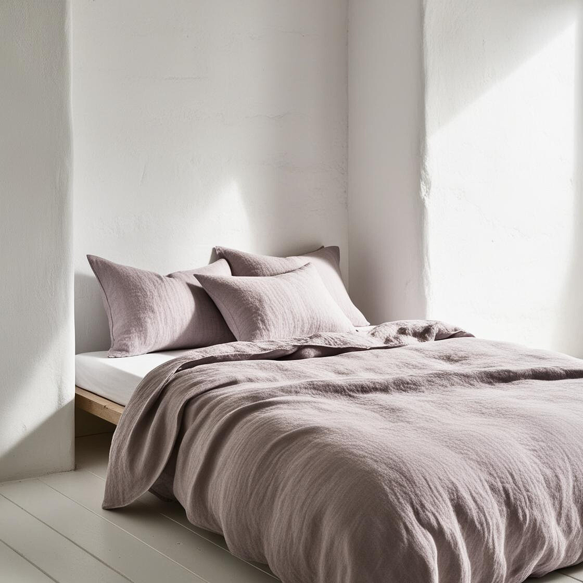 Funda nórdica malva en cama de ikea con bajera blanca. Habitación rústica. Con 3 almohadas