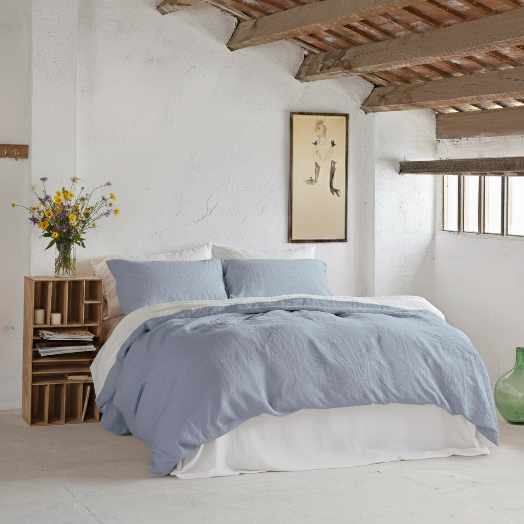 Complete reversible linen set SKY BLUE&WHITE-170gr/m2