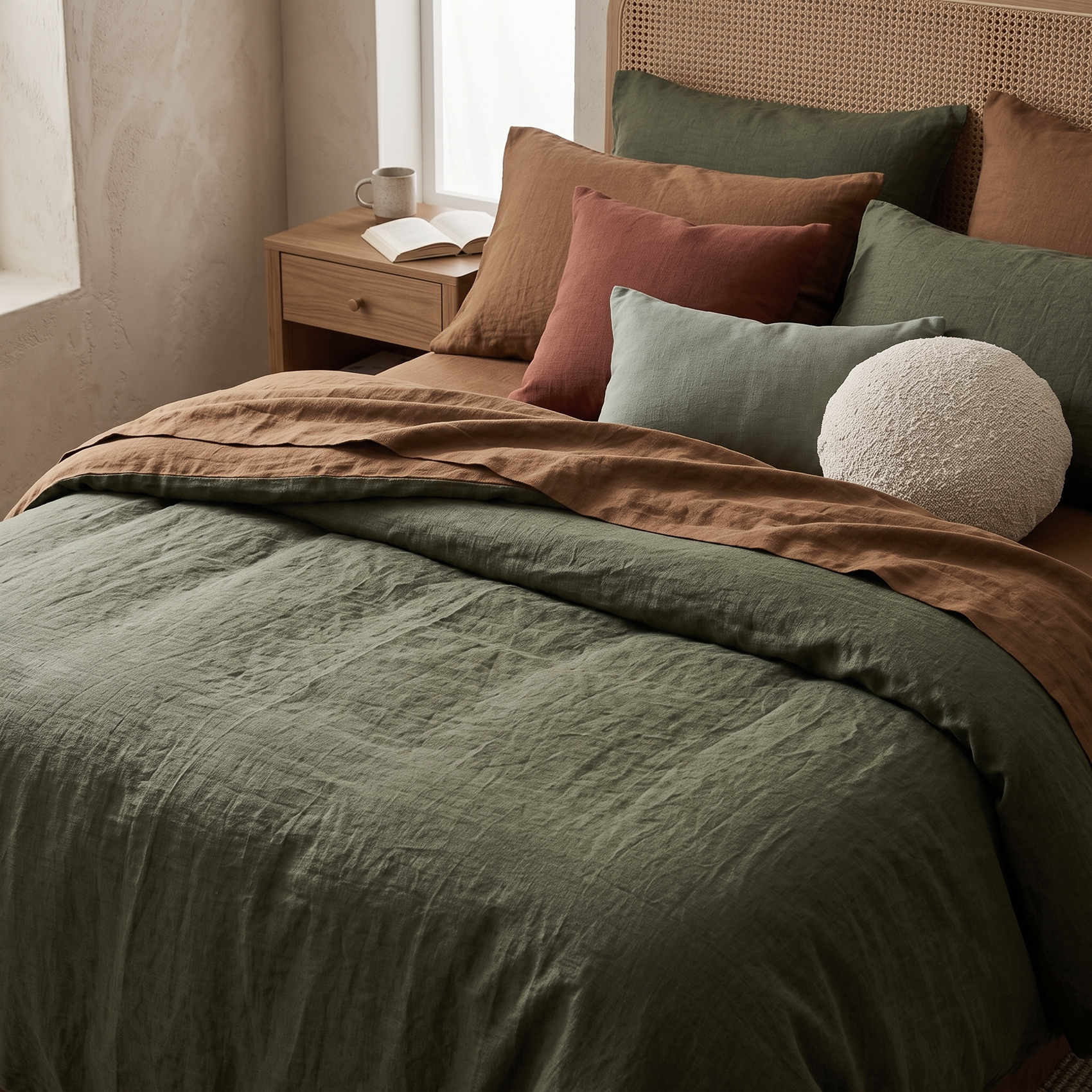 detalle de combinacion bicolor verde capulet olive y canela en sabana bajera y almohada de lino