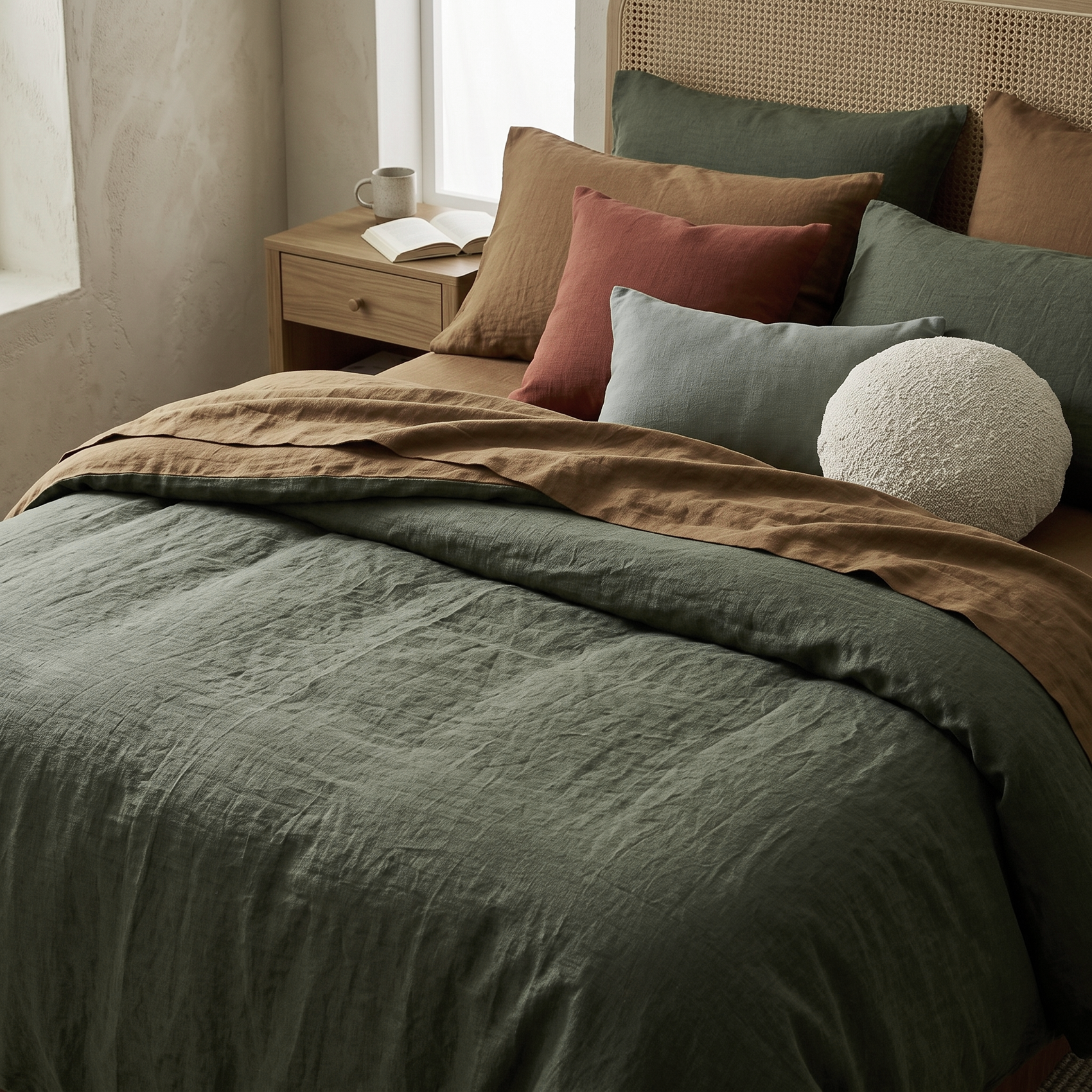 detalle de combinacion bicolor verde LAUREL y canela en sabana bajera y almohada de lino