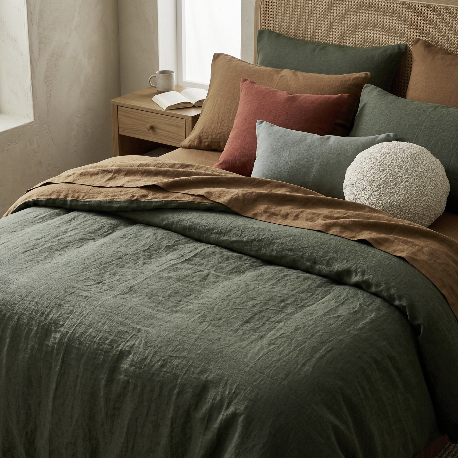 detalle de combinacion bicolor verde LAUREL y canela en sabana bajera y almohada de lino