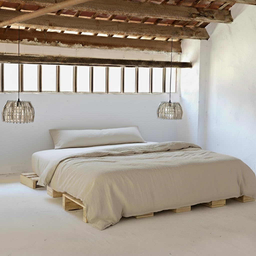 Cama de lino beig en espacio sencillo con dos lamparas que cuelgan.