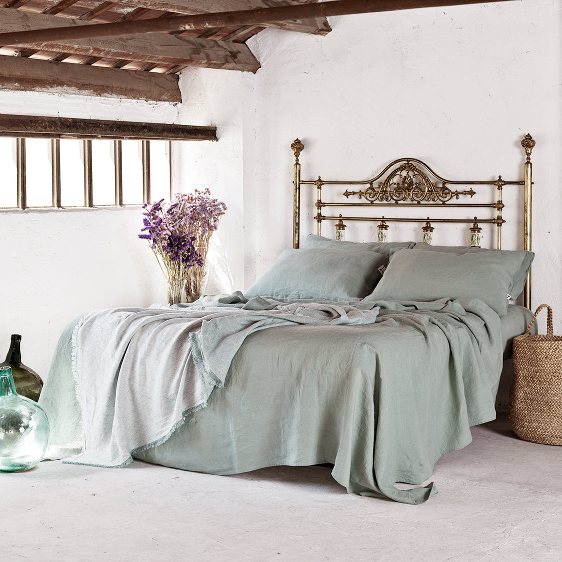 Parure de lit en lin VERT LAUREL-170gr/m2