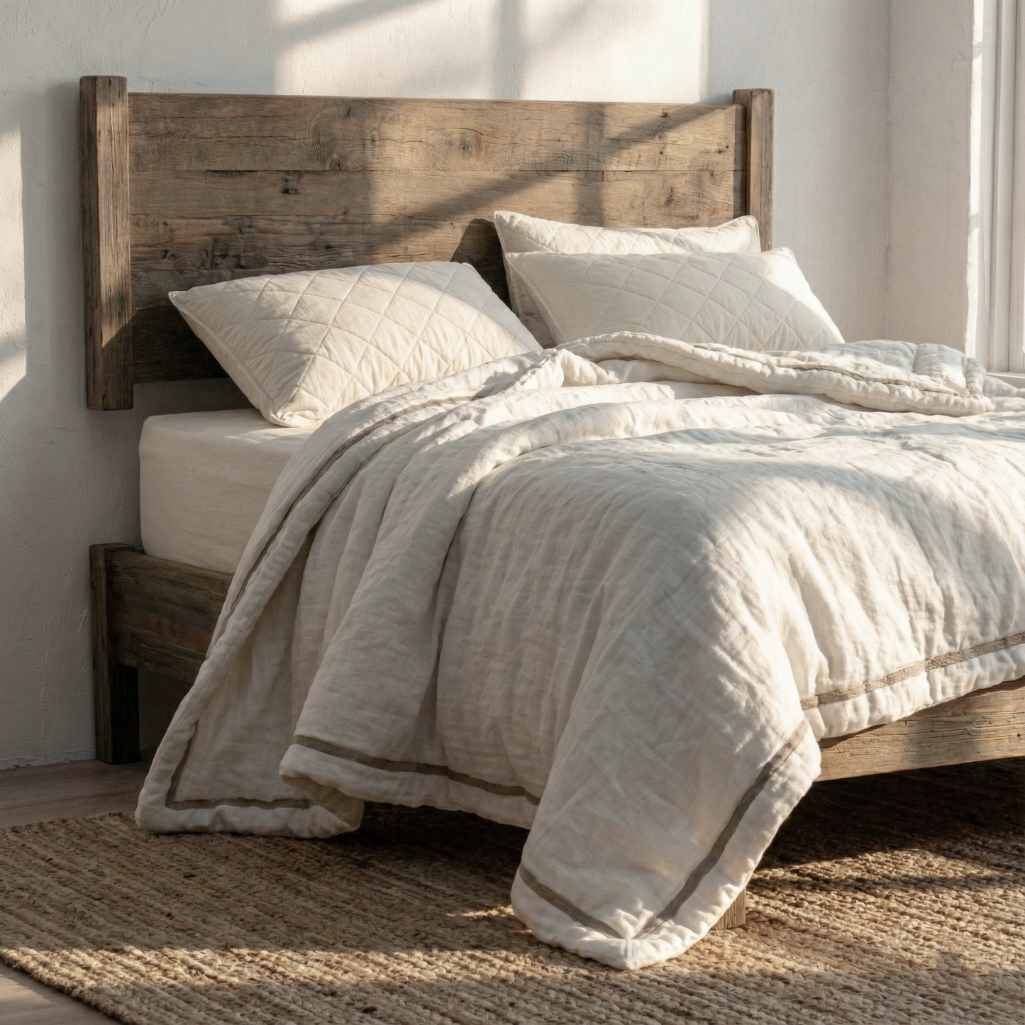 Relleno de lino y lana merina en una cama de cabezal rústico.
