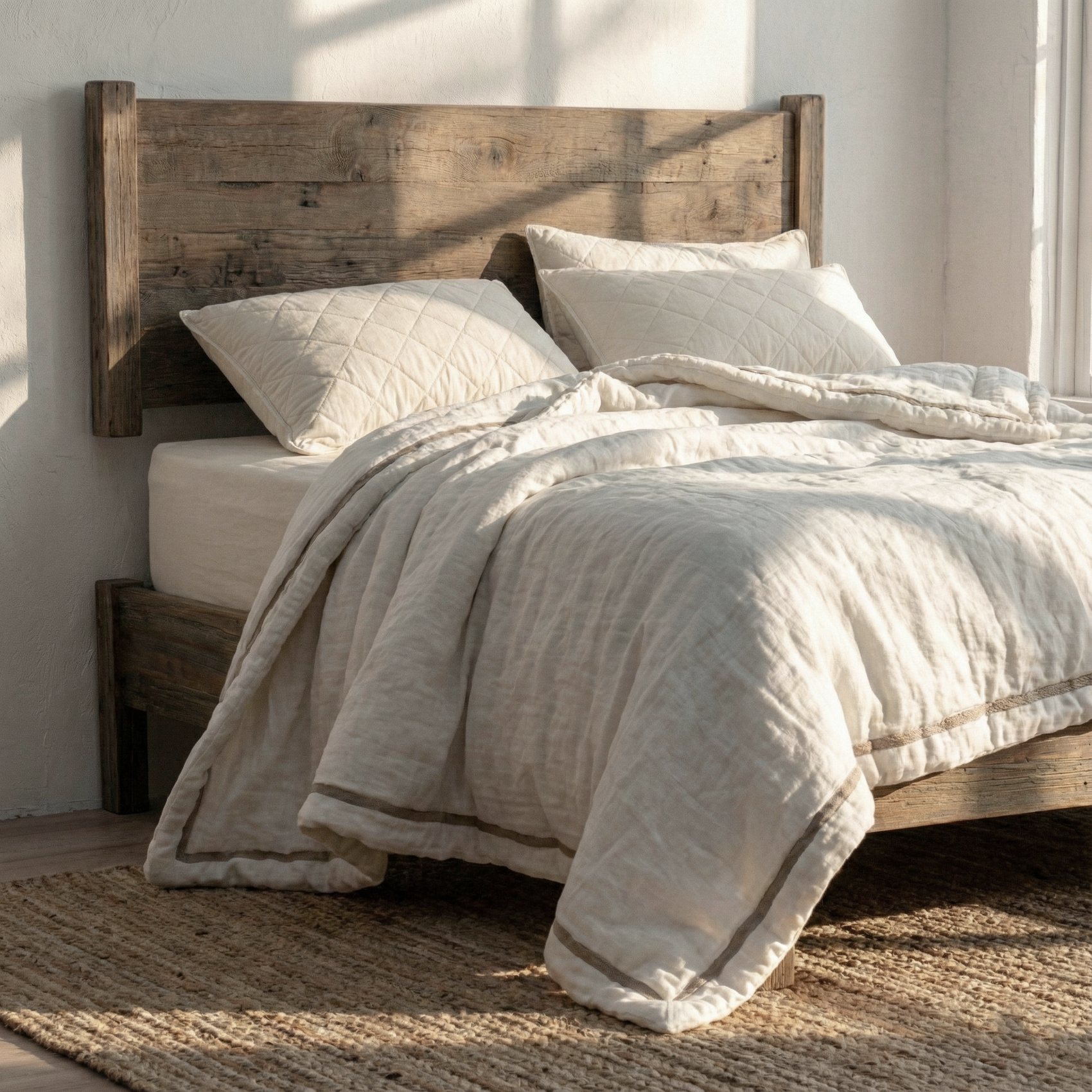 Relleno de lino y lana merina en una cama de cabezal rústico.