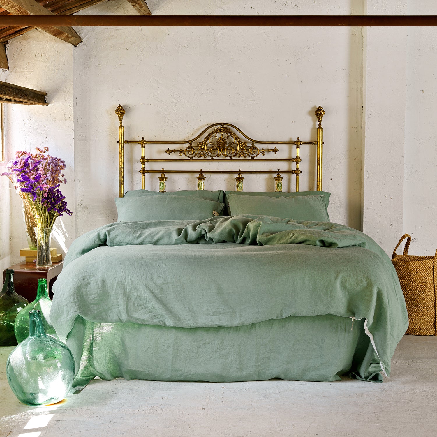 Ropa de cama de lino verde